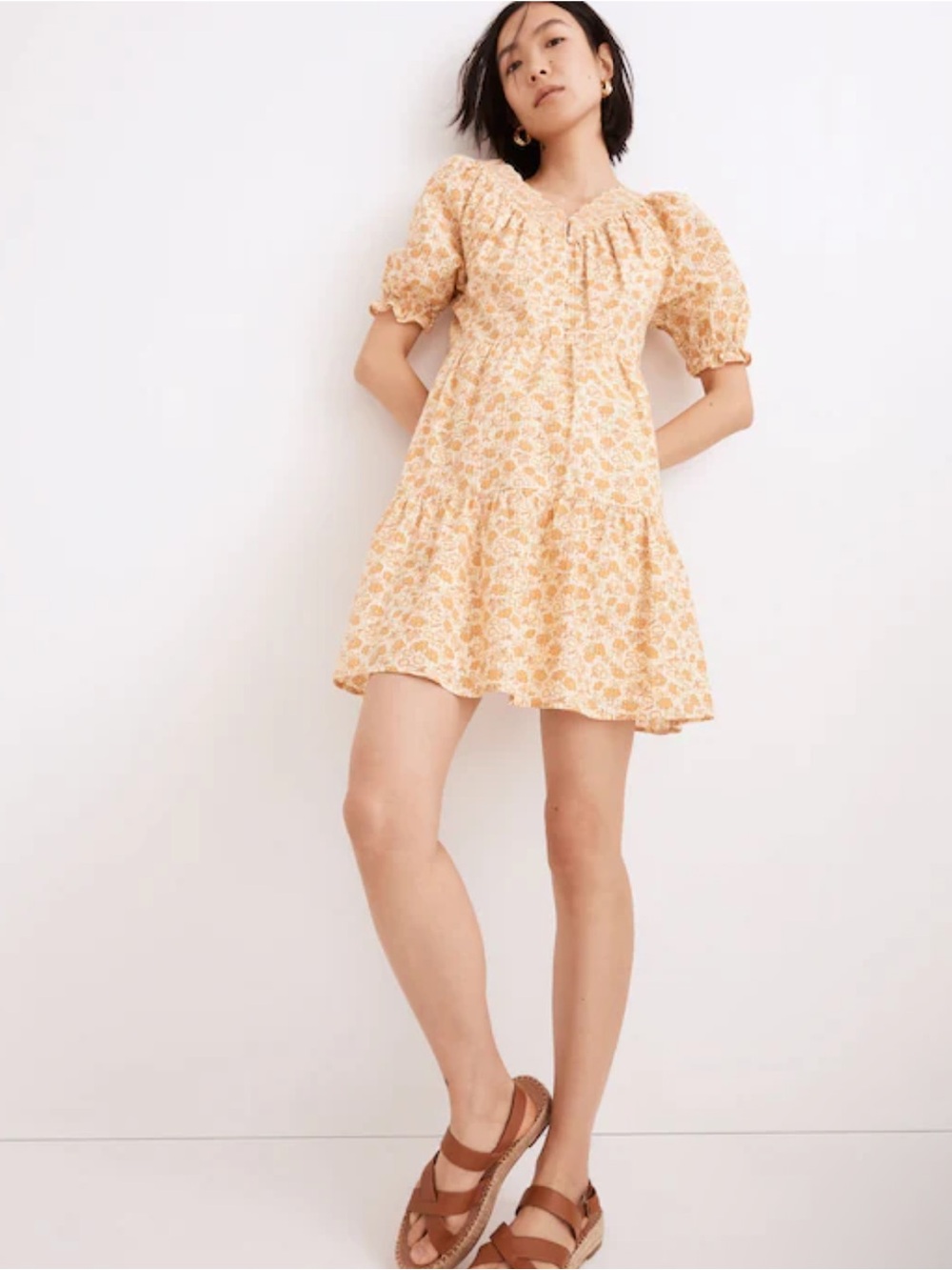 Madewell Yellow Floral Puff-Sleeve Mini Dress